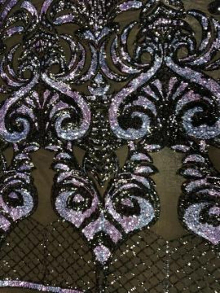 Geometric Design 4 Way Stretch Spandex Sequin Mesh Lace FabricICEFABRICICE FABRICSWhite and Gold On Nude Mesh36 Inches (One Yard)Geometric Design 4 Way Stretch Spandex Sequin Mesh Lace Fabric ICEFABRIC Lavender Iridescent On Black Mesh