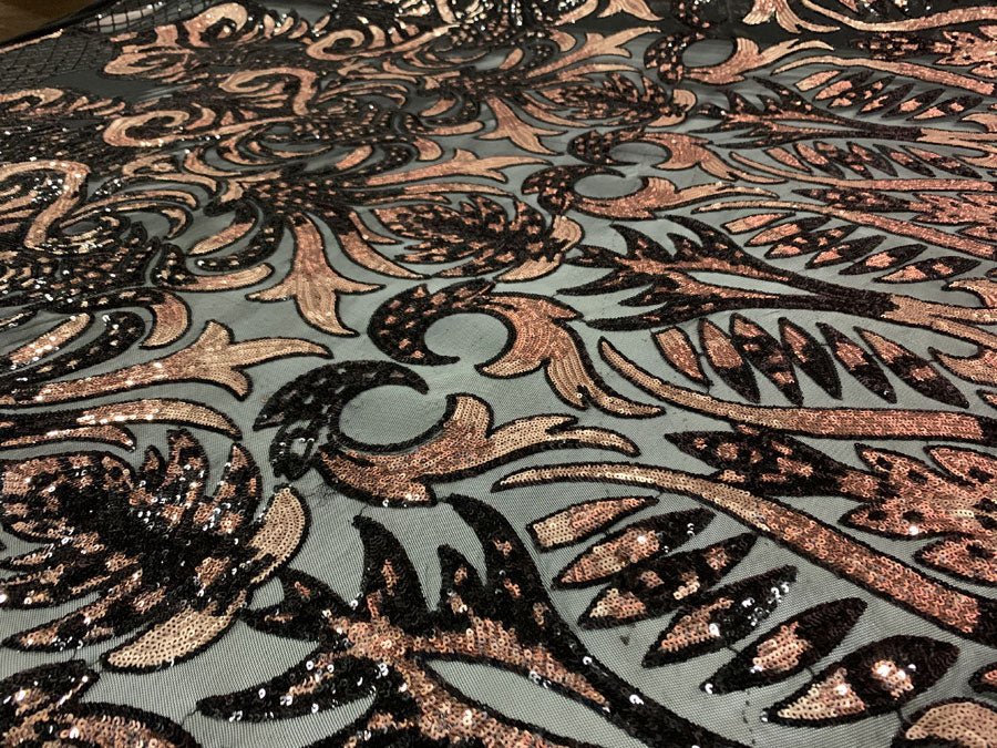 Geometric Design 4 Way Stretch Spandex Sequin Mesh Lace FabricICEFABRICICE FABRICSRose Gold Iridescent On Black Mesh36 Inches (One Yard)Geometric Design 4 Way Stretch Spandex Sequin Mesh Lace Fabric ICEFABRIC Rose Gold Iridescent On Black Mesh