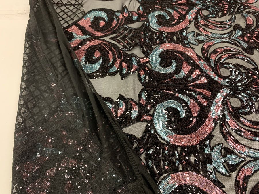 Geometric Design 4 Way Stretch Spandex Sequin Mesh Lace FabricICEFABRICICE FABRICSDusty Rose and Mint Iridescent on Black Mesh36 Inches (One Yard)Geometric Design 4 Way Stretch Spandex Sequin Mesh Lace Fabric ICEFABRIC Dusty Rose and Mint Iridescent on Black Mesh