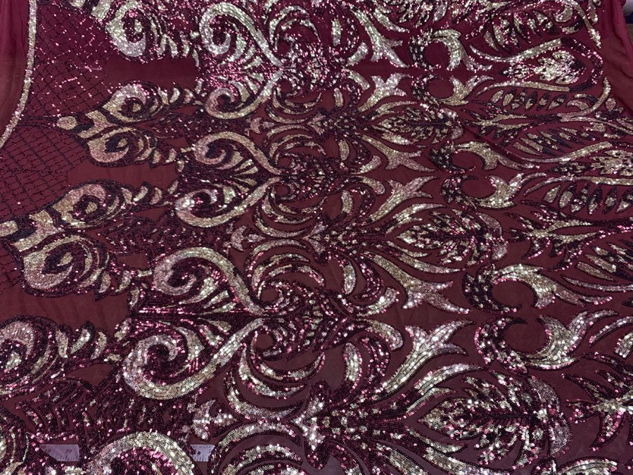 Geometric Design 4 Way Stretch Spandex Sequin Mesh Lace FabricICEFABRICICE FABRICSBurgundy and Gold On Burgundy Mesh36 Inches (One Yard)Geometric Design 4 Way Stretch Spandex Sequin Mesh Lace Fabric ICEFABRIC Burgundy and Gold On Burgundy Mesh