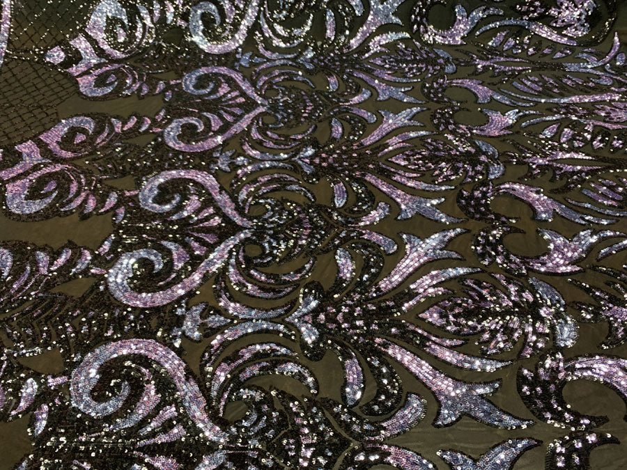 Geometric Design 4 Way Stretch Spandex Sequin Mesh Lace FabricICEFABRICICE FABRICSLavender Iridescent On Black Mesh36 Inches (One Yard)Geometric Design 4 Way Stretch Spandex Sequin Mesh Lace Fabric ICEFABRIC Lavender Iridescent On Black Mesh