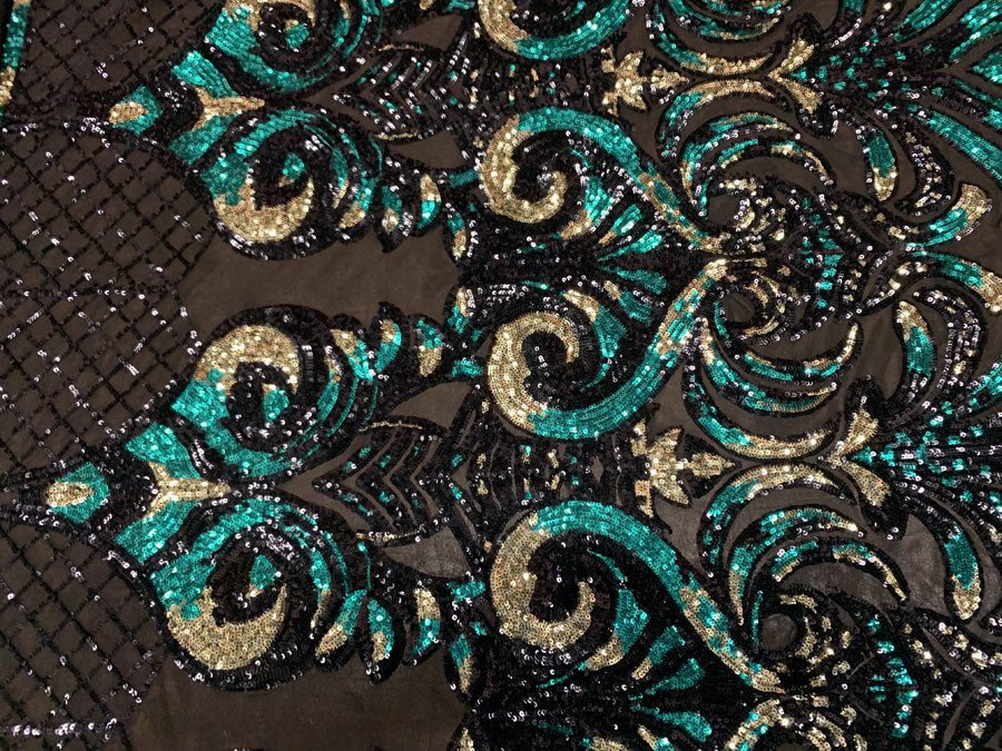 Geometric Design 4 Way Stretch Spandex Sequin Mesh Lace FabricICEFABRICICE FABRICSHunter Green and Gold Iridescent on Black Mesh36 Inches (One Yard)Geometric Design 4 Way Stretch Spandex Sequin Mesh Lace Fabric ICEFABRIC Hunter Green and Gold Iridescent on Black