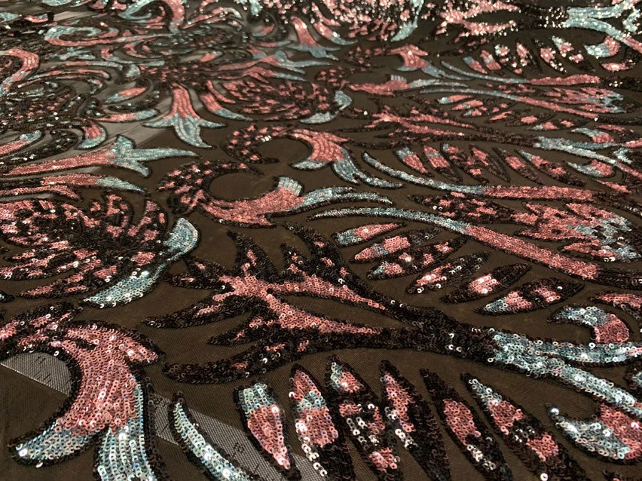 Geometric Design 4 Way Stretch Spandex Sequin Mesh Lace FabricICEFABRICICE FABRICSDusty Rose and Mint Iridescent on Black Mesh36 Inches (One Yard)Geometric Design 4 Way Stretch Spandex Sequin Mesh Lace Fabric ICEFABRIC Dusty Rose and Mint Iridescent on Black Mesh