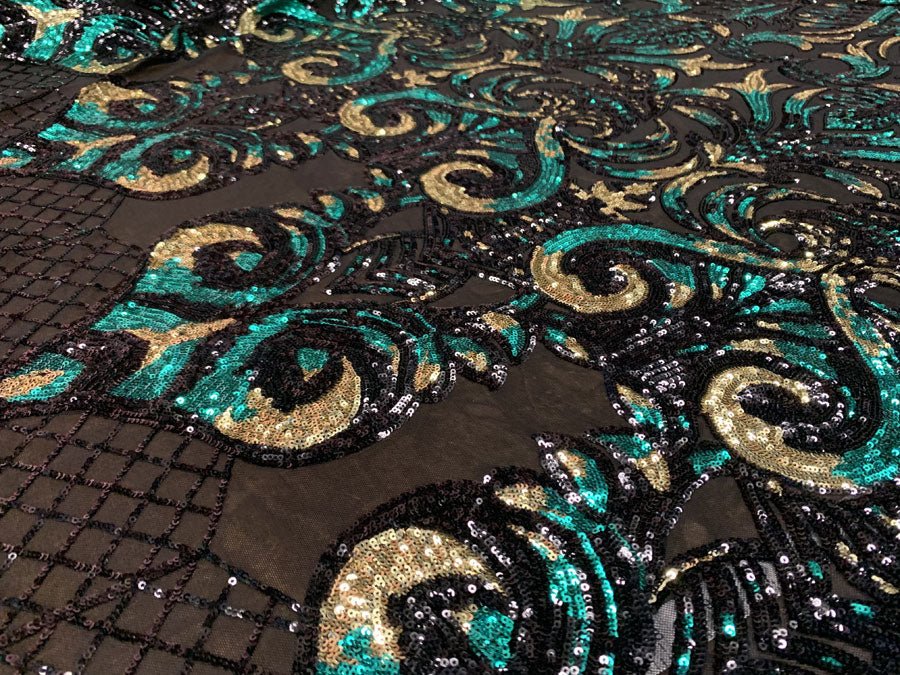 Geometric Design 4 Way Stretch Spandex Sequin Mesh Lace FabricICEFABRICICE FABRICSHunter Green and Gold Iridescent on Black Mesh36 Inches (One Yard)Geometric Design 4 Way Stretch Spandex Sequin Mesh Lace Fabric ICEFABRIC Hunter Green and Gold Iridescent on Black