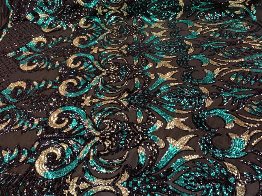 Geometric Design 4 Way Stretch Spandex Sequin Mesh Lace FabricICEFABRICICE FABRICSHunter Green and Gold Iridescent on Black Mesh36 Inches (One Yard)Geometric Design 4 Way Stretch Spandex Sequin Mesh Lace Fabric ICEFABRIC Hunter Green and Gold Iridescent on Black