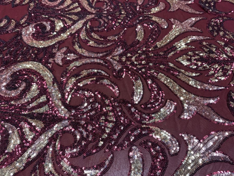 Geometric Design 4 Way Stretch Spandex Sequin Mesh Lace FabricICEFABRICICE FABRICSBurgundy and Gold On Burgundy Mesh36 Inches (One Yard)Geometric Design 4 Way Stretch Spandex Sequin Mesh Lace Fabric ICEFABRIC Burgundy and Gold On Burgundy Mesh