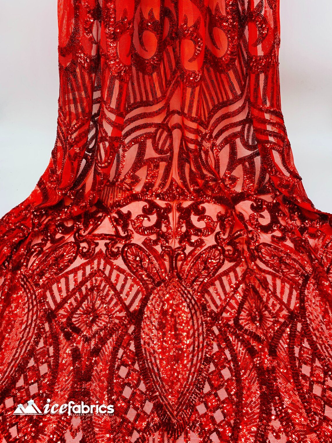 Geometric Red 4 Way Stretch Sequins Fabric _ Red Mesh FabricICE FABRICSICE FABRICSBy The YardGeometric Red 4 Way Stretch Sequins Fabric _ Red Mesh Fabric ICE FABRICS