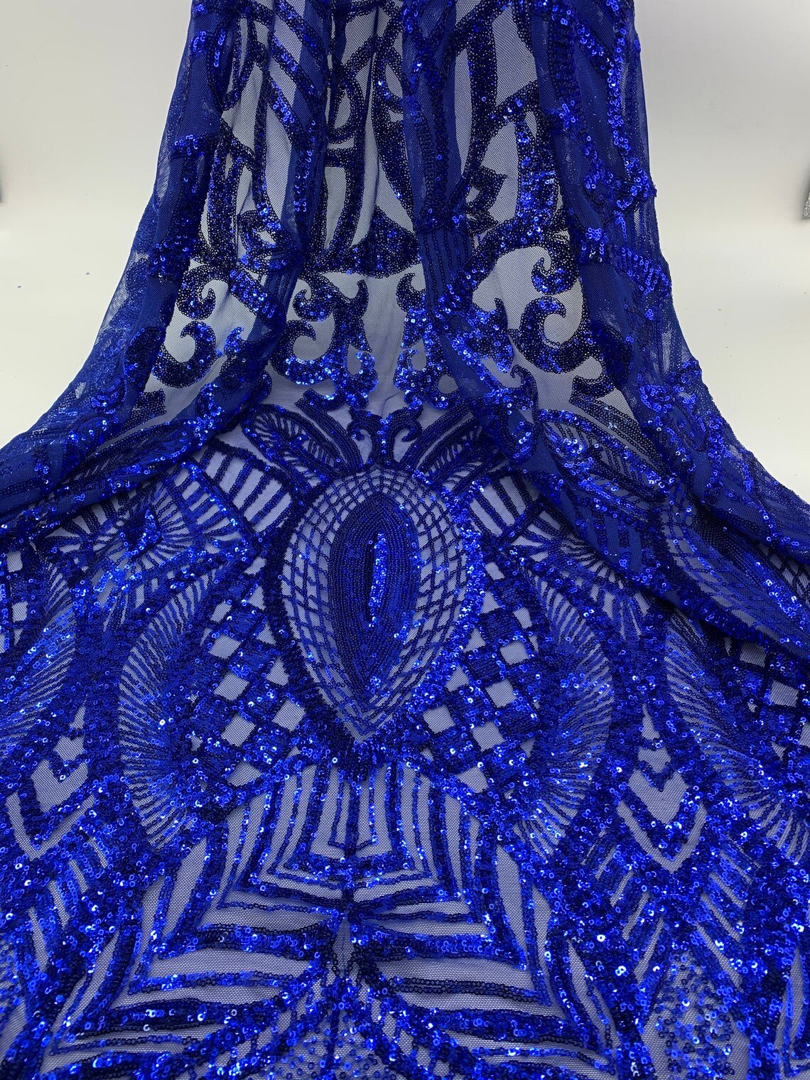 Geometric Royal Blue 4 Way Stretch Sequins Mesh Lace Fabric