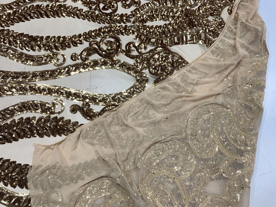 Geometric Sequins Spandex 4 Way Stretch Sequins FabricICEFABRICICE FABRICSYellow ON Nude MeshGeometric Sequins Spandex 4 Way Stretch Sequins Fabric ICEFABRIC