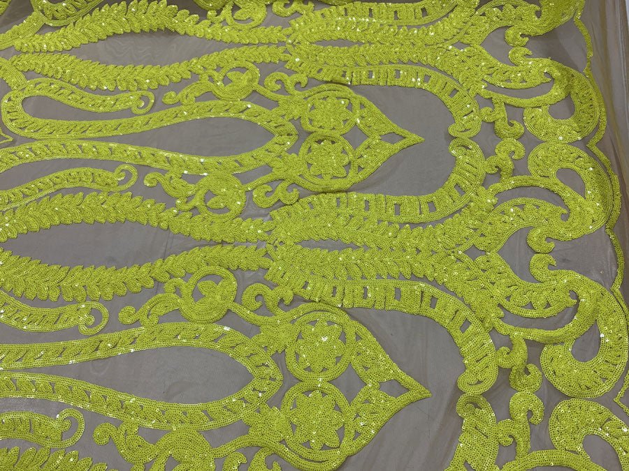 Geometric Sequins Spandex 4 Way Stretch Sequins FabricICEFABRICICE FABRICSYellow ON Nude MeshGeometric Sequins Spandex 4 Way Stretch Sequins Fabric ICEFABRIC Yellow ON Nude Mesh