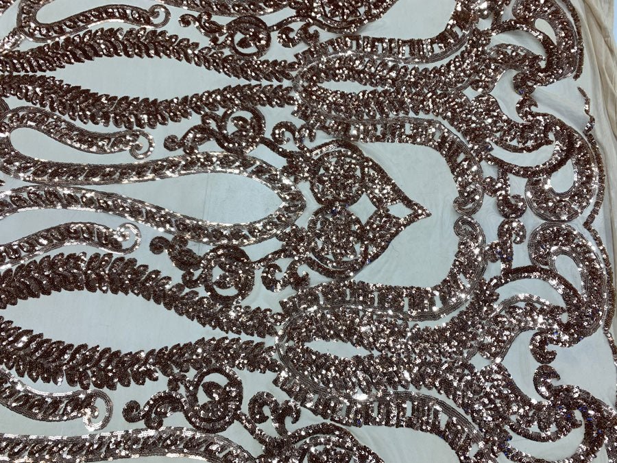Geometric Sequins Spandex 4 Way Stretch Sequins FabricICEFABRICICE FABRICSYellow ON Nude MeshGeometric Sequins Spandex 4 Way Stretch Sequins Fabric ICEFABRIC Rose Gold