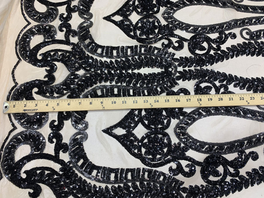 Geometric Sequins Spandex 4 Way Stretch Sequins FabricICEFABRICICE FABRICSBlack ON A Nude MeshGeometric Sequins Spandex 4 Way Stretch Sequins Fabric ICEFABRIC Black ON A Nude Mesh