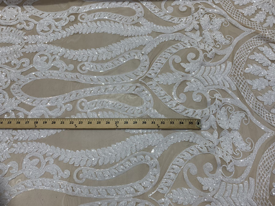 Geometric Sequins Spandex 4 Way Stretch Sequins FabricICEFABRICICE FABRICSBurgundyGeometric Sequins Spandex 4 Way Stretch Sequins Fabric ICEFABRIC White On Nude Mesh