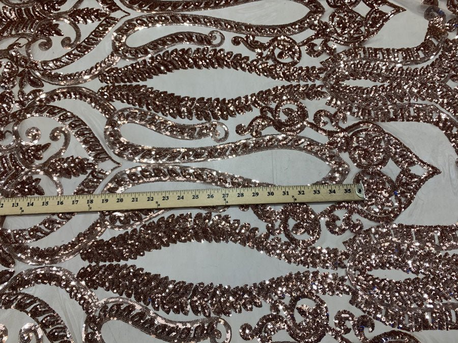 Geometric Sequins Spandex 4 Way Stretch Sequins FabricICEFABRICICE FABRICSYellow ON Nude MeshGeometric Sequins Spandex 4 Way Stretch Sequins Fabric ICEFABRIC Rose Gold