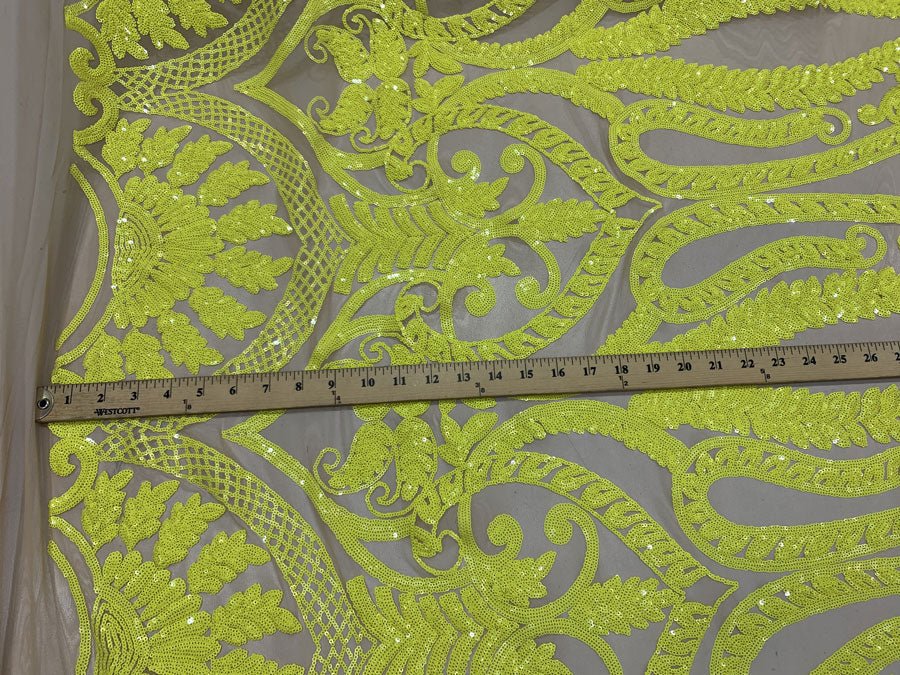 Geometric Sequins Spandex 4 Way Stretch Sequins FabricICEFABRICICE FABRICSYellow ON Nude MeshGeometric Sequins Spandex 4 Way Stretch Sequins Fabric ICEFABRIC Yellow ON Nude Mesh