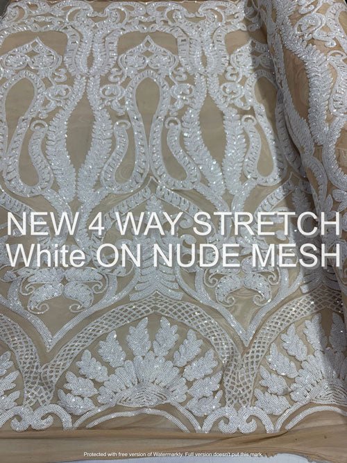 Geometric Sequins Spandex 4 Way Stretch Sequins FabricICEFABRICICE FABRICSWhite On Nude MeshGeometric Sequins Spandex 4 Way Stretch Sequins Fabric ICEFABRIC White On Nude Mesh