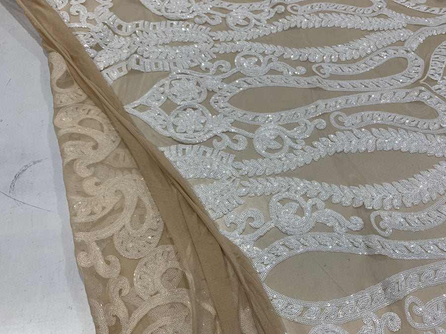 Geometric Sequins Spandex 4 Way Stretch Sequins FabricICEFABRICICE FABRICSBurgundyGeometric Sequins Spandex 4 Way Stretch Sequins Fabric ICEFABRIC White On Nude Mesh