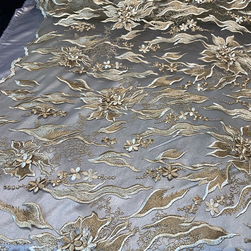 Gold_3D Flowers Embroidery Hand Beaded Mesh Lace Fabric By The YardICEFABRICICE FABRICSGold_3D Flowers Embroidery Hand Beaded Mesh Lace Fabric By The Yard ICEFABRIC