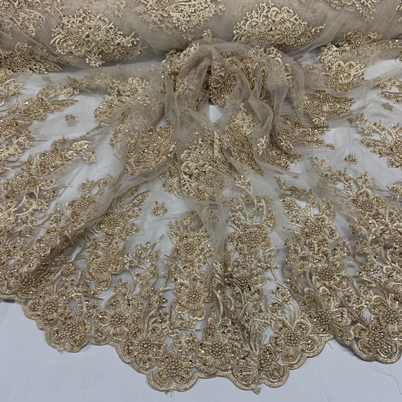Gold Beaded Fabric _ Lace Floral embroidered fabric _ Bridal FabricICEFABRICICE FABRICSGoldPer Yard (36 Inches)Gold Beaded Fabric _ Lace Floral embroidered fabric _ Bridal Fabric ICEFABRIC