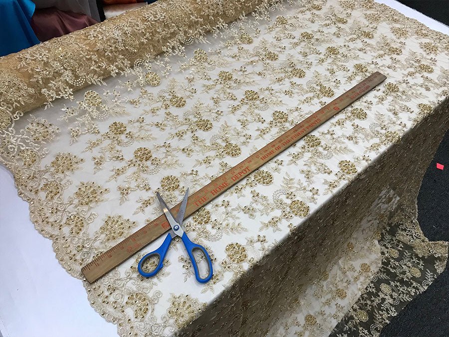 Gold Design Bridal Wedding Beaded Mesh Lace Fabric Sold By YardICE FABRICSICE FABRICSGold Design Bridal Wedding Beaded Mesh Lace Fabric Sold By Yard ICE FABRICS