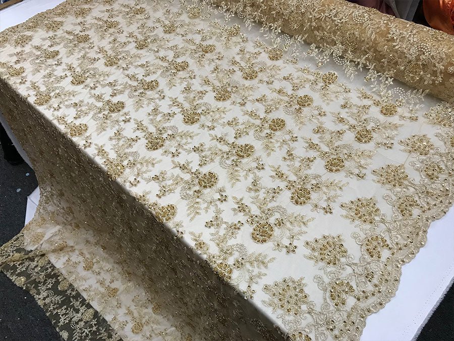 Gold Design Bridal Wedding Beaded Mesh Lace Fabric Sold By YardICE FABRICSICE FABRICSGold Design Bridal Wedding Beaded Mesh Lace Fabric Sold By Yard ICE FABRICS