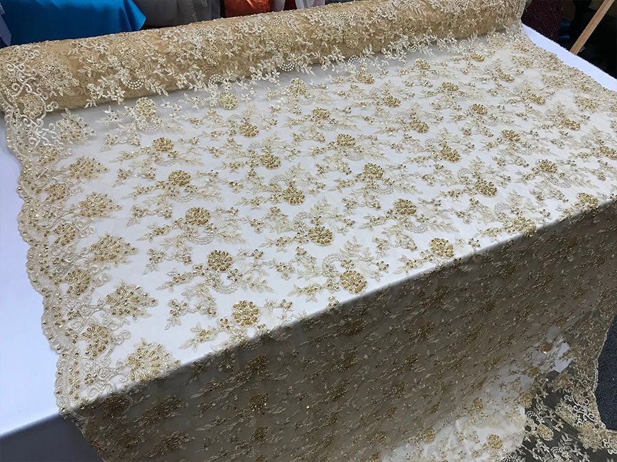 Gold Design Bridal Wedding Beaded Mesh Lace Fabric Sold By YardICE FABRICSICE FABRICSGold Design Bridal Wedding Beaded Mesh Lace Fabric Sold By Yard ICE FABRICS