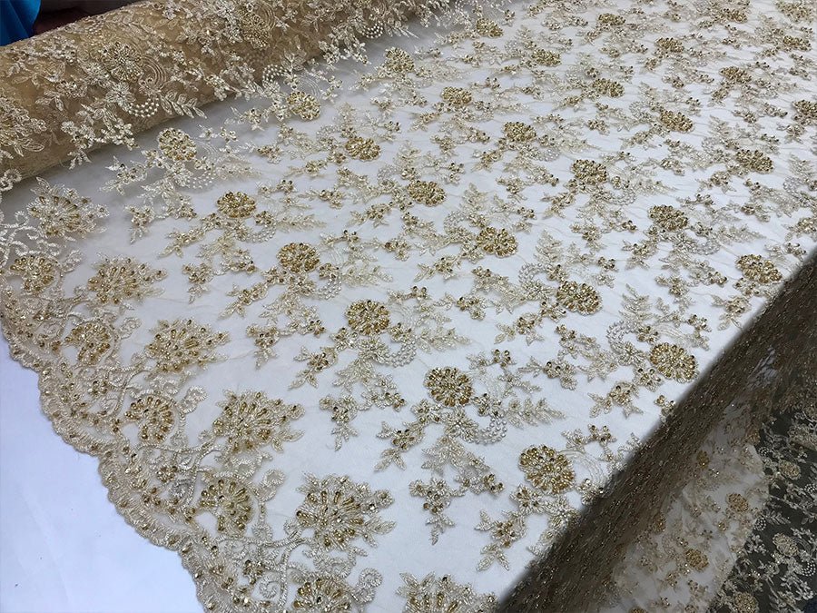 Gold Design Bridal Wedding Beaded Mesh Lace Fabric Sold By YardICE FABRICSICE FABRICSGold Design Bridal Wedding Beaded Mesh Lace Fabric Sold By Yard ICE FABRICS