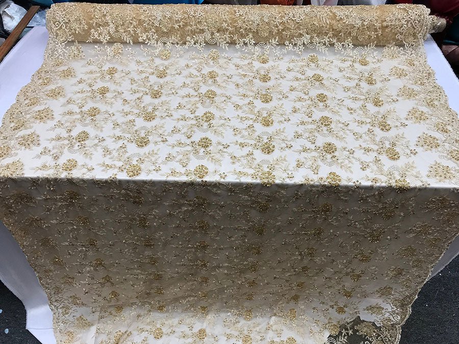 Gold Design Bridal Wedding Beaded Mesh Lace Fabric Sold By YardICE FABRICSICE FABRICSGold Design Bridal Wedding Beaded Mesh Lace Fabric Sold By Yard ICE FABRICS