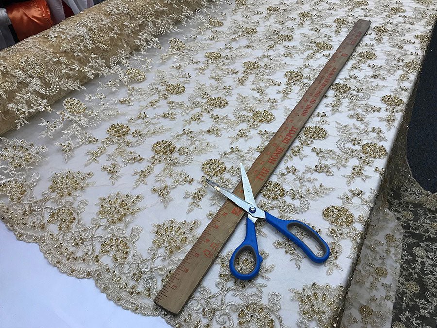 Gold Design Bridal Wedding Beaded Mesh Lace Fabric Sold By YardICE FABRICSICE FABRICSGold Design Bridal Wedding Beaded Mesh Lace Fabric Sold By Yard ICE FABRICS