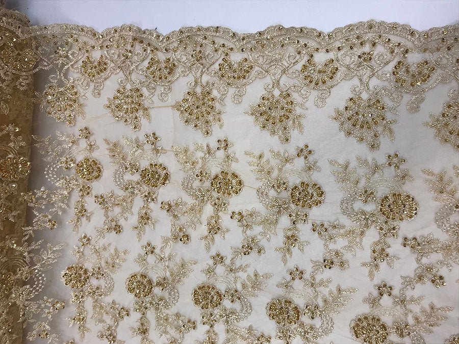 Gold Design Bridal Wedding Beaded Mesh Lace Fabric Sold By YardICE FABRICSICE FABRICSGold Design Bridal Wedding Beaded Mesh Lace Fabric Sold By Yard ICE FABRICS
