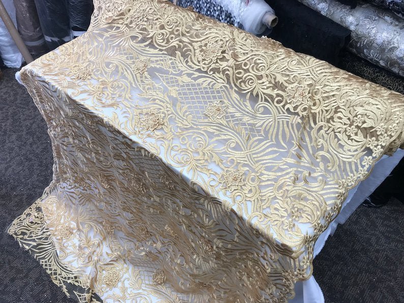 Gold Embroidered Bridal Wedding Designed Beaded Mesh Lace FabricICE FABRICSICE FABRICSGold Embroidered Bridal Wedding Designed Beaded Mesh Lace Fabric ICE FABRICS