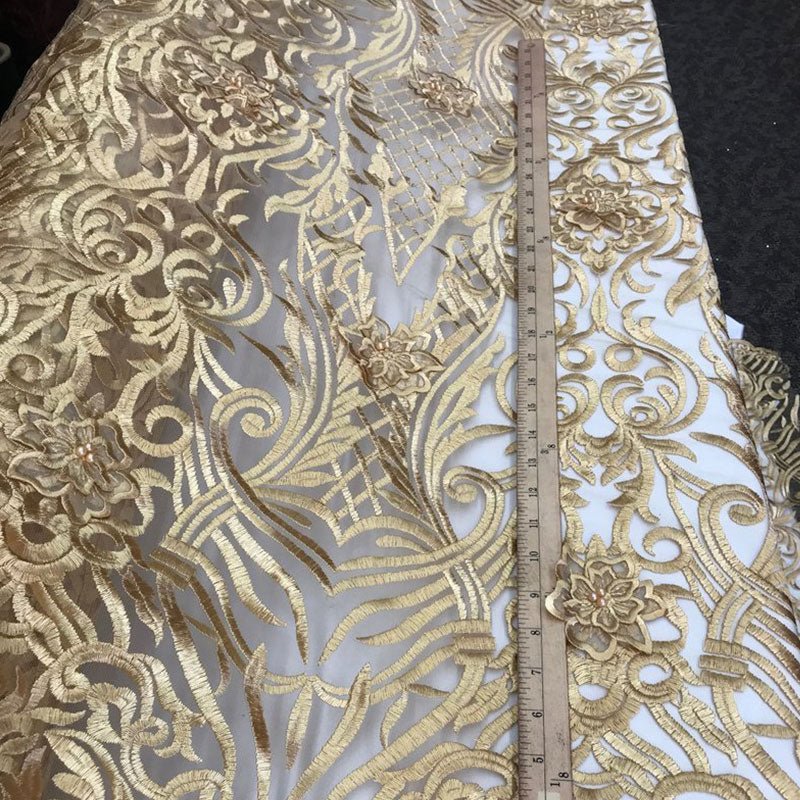 Gold Embroidered Bridal Wedding Designed Beaded Mesh Lace FabricICE FABRICSICE FABRICSGold Embroidered Bridal Wedding Designed Beaded Mesh Lace Fabric ICE FABRICS