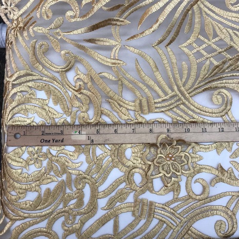 Gold Embroidered Bridal Wedding Designed Beaded Mesh Lace FabricICE FABRICSICE FABRICSGold Embroidered Bridal Wedding Designed Beaded Mesh Lace Fabric ICE FABRICS