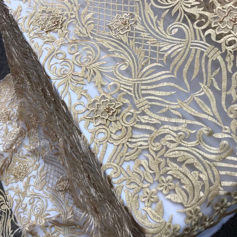 Gold Embroidered Bridal Wedding Designed Beaded Mesh Lace FabricICE FABRICSICE FABRICSGold Embroidered Bridal Wedding Designed Beaded Mesh Lace Fabric ICE FABRICS