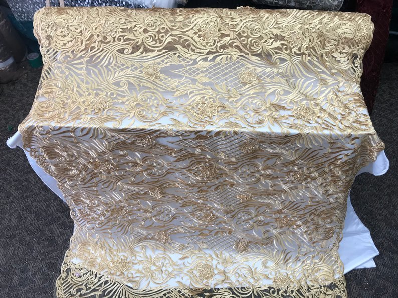 Gold Embroidered Bridal Wedding Designed Beaded Mesh Lace FabricICE FABRICSICE FABRICSGold Embroidered Bridal Wedding Designed Beaded Mesh Lace Fabric ICE FABRICS