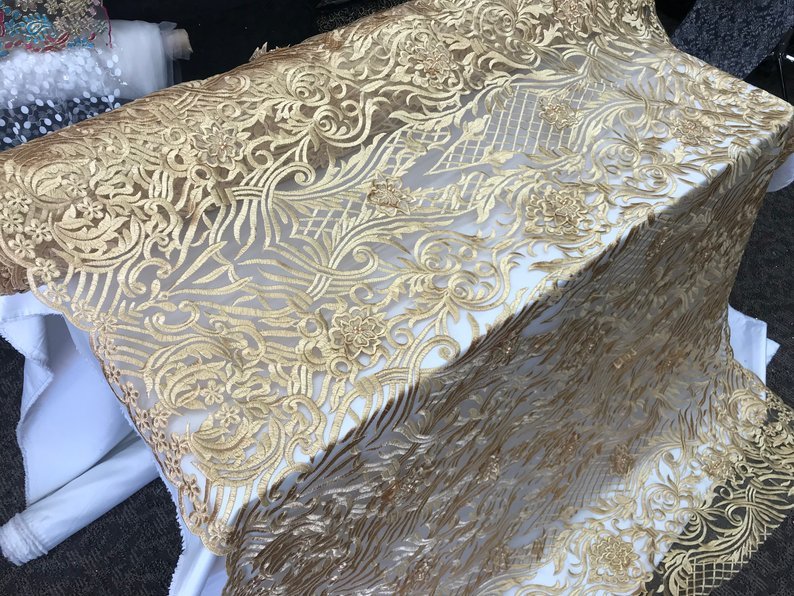 Gold Embroidered Bridal Wedding Designed Beaded Mesh Lace FabricICE FABRICSICE FABRICSGold Embroidered Bridal Wedding Designed Beaded Mesh Lace Fabric ICE FABRICS