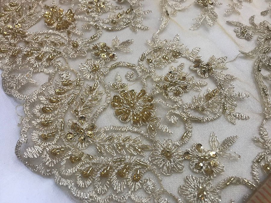 Gold New Design Embroidered Bridal Beaded Mesh Lace FabricICE FABRICSICE FABRICSGold New Design Embroidered Bridal Beaded Mesh Lace Fabric ICE FABRICS