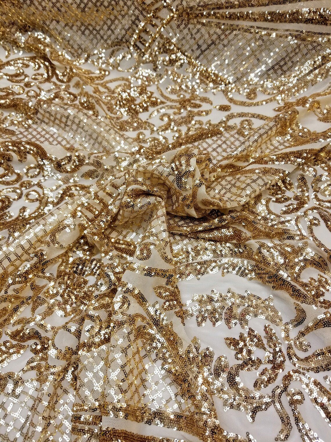Gold sequin Fabric on Champagne Gold stretch fabricGold Sequin FabricICE FABRICSICE FABRICSBy The YardGold sequin Fabric on Champagne Gold stretch fabric ICE FABRICS