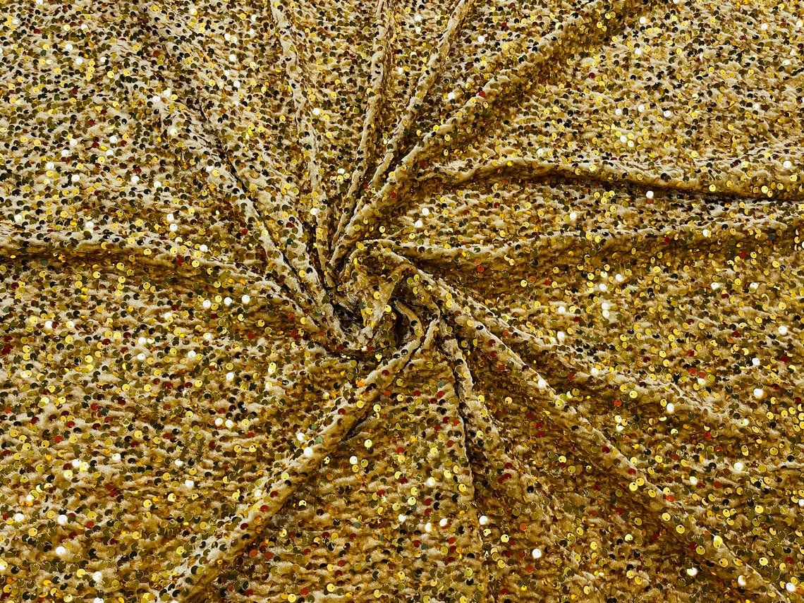 Gold sequin Fabric on Light Gold stretch velvet fabricGold Sequin FabricICE FABRICSICE FABRICSBy The YardGold sequin Fabric on Light Gold stretch velvet fabric ICE FABRICS