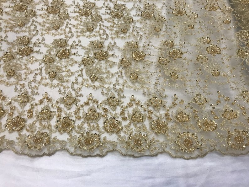 Gold Unique Design Embroidered Beaded Mesh Lace Bridal Veil FabricICE FABRICSICE FABRICSGold Unique Design Embroidered Beaded Mesh Lace Bridal Veil Fabric ICE FABRICS