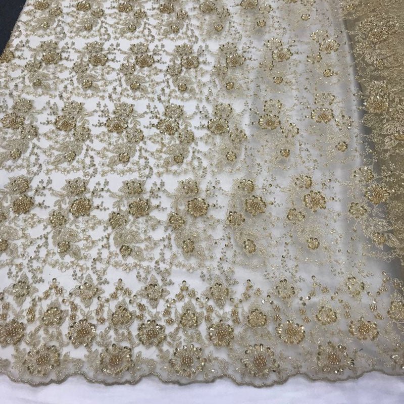 Gold Unique Design Embroidered Beaded Mesh Lace Bridal Veil FabricICE FABRICSICE FABRICSGold Unique Design Embroidered Beaded Mesh Lace Bridal Veil Fabric ICE FABRICS