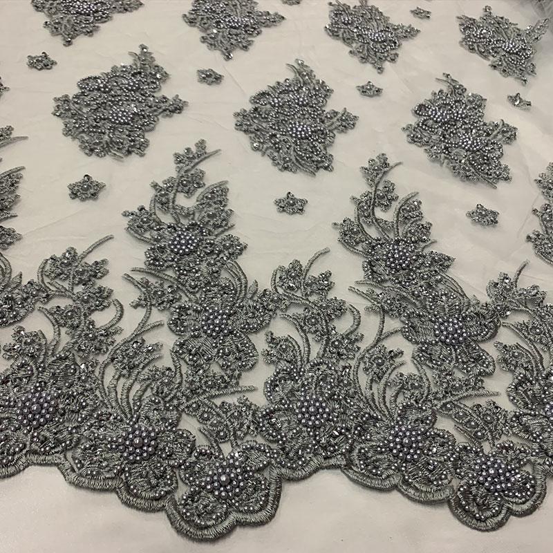 Gray Beaded Fabric _ Lace Floral embroidered fabric _ Bridal FabricICEFABRICICE FABRICSGrayPer Yard (36 Inches)Gray Beaded Fabric _ Lace Floral embroidered fabric _ Bridal Fabric ICEFABRIC