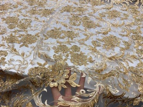 Hand Beaded Lace Fabric - Embroidery Floral Lace With Sequins And FlowersICE FABRICSICE FABRICSGoldHand Beaded Lace Fabric - Embroidery Floral Lace With Sequins And Flowers ICE FABRICS Gold