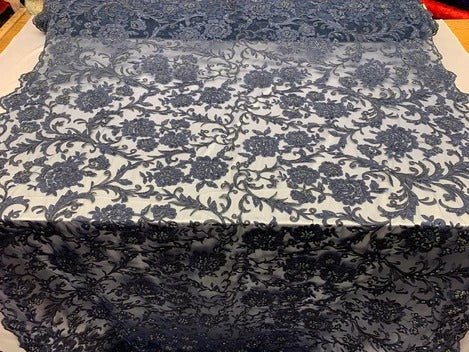 Hand Beaded Lace Fabric - Embroidery Floral Lace With Sequins And FlowersICE FABRICSICE FABRICSNavy BlueHand Beaded Lace Fabric - Embroidery Floral Lace With Sequins And Flowers ICE FABRICS Navy Blue