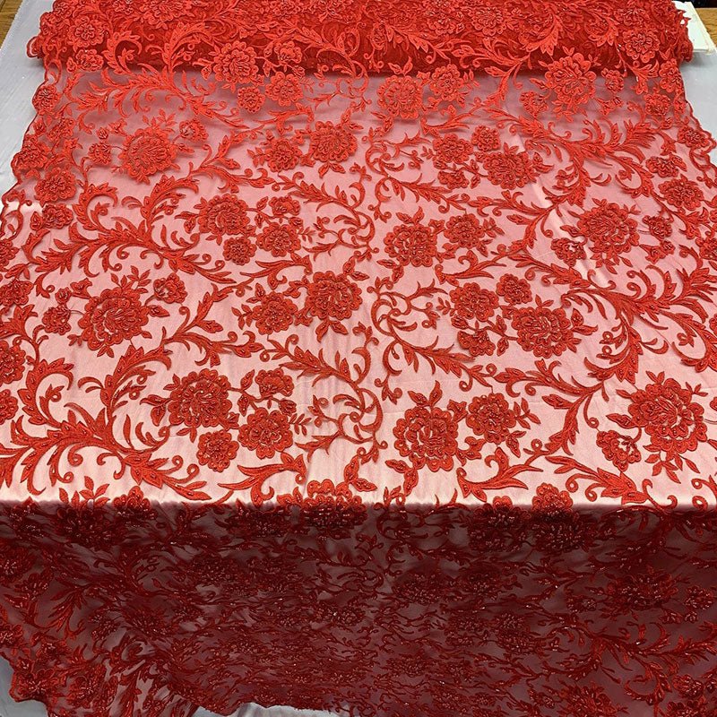 Hand Beaded Lace Fabric - Embroidery Floral Lace With Sequins And FlowersICE FABRICSICE FABRICSRedHand Beaded Lace Fabric - Embroidery Floral Lace With Sequins And Flowers ICE FABRICS Red