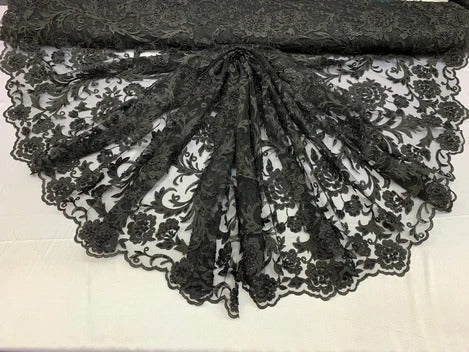 Hand Beaded Lace Fabric - Embroidery Floral Lace With Sequins And FlowersICE FABRICSICE FABRICSRedHand Beaded Lace Fabric - Embroidery Floral Lace With Sequins And Flowers ICE FABRICS Black