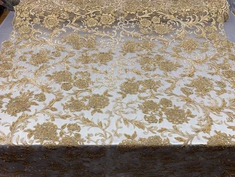 Hand Beaded Lace Fabric - Embroidery Floral Lace With Sequins And FlowersICE FABRICSICE FABRICSGoldHand Beaded Lace Fabric - Embroidery Floral Lace With Sequins And Flowers ICE FABRICS Gold