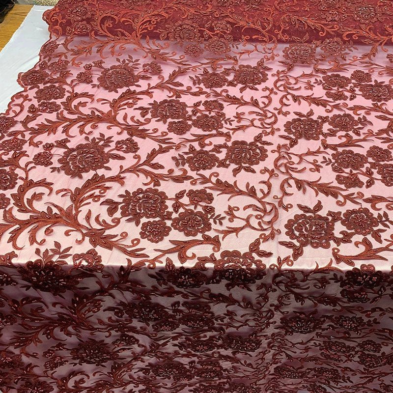 Hand Beaded Lace Fabric - Embroidery Floral Lace With Sequins And FlowersICE FABRICSICE FABRICSPeach/ BlushHand Beaded Lace Fabric - Embroidery Floral Lace With Sequins And Flowers ICE FABRICS Burgundy