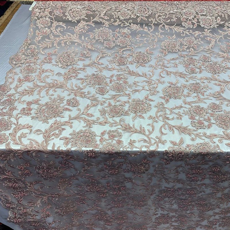 Hand Beaded Lace Fabric - Embroidery Floral Lace With Sequins And FlowersICE FABRICSICE FABRICSPink/BlushHand Beaded Lace Fabric - Embroidery Floral Lace With Sequins And Flowers ICE FABRICS Dusty Rose