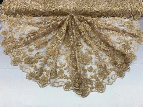 Hand Beaded Lace Fabric - Embroidery Floral Lace With Sequins And FlowersICE FABRICSICE FABRICSGoldHand Beaded Lace Fabric - Embroidery Floral Lace With Sequins And Flowers ICE FABRICS Gold